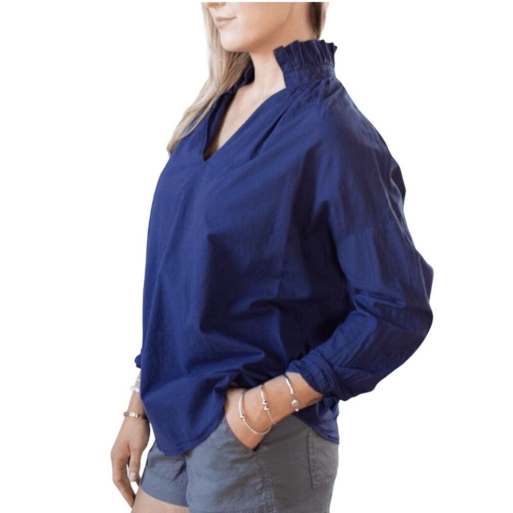 A Shirt Thing L Womens Penelope Cabo Popover Shirt Navy Ruffle Collar